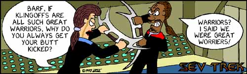 Sev Trek - cartoon spoofs
      of Star Trek. Copyright 1997 by John Cook.
